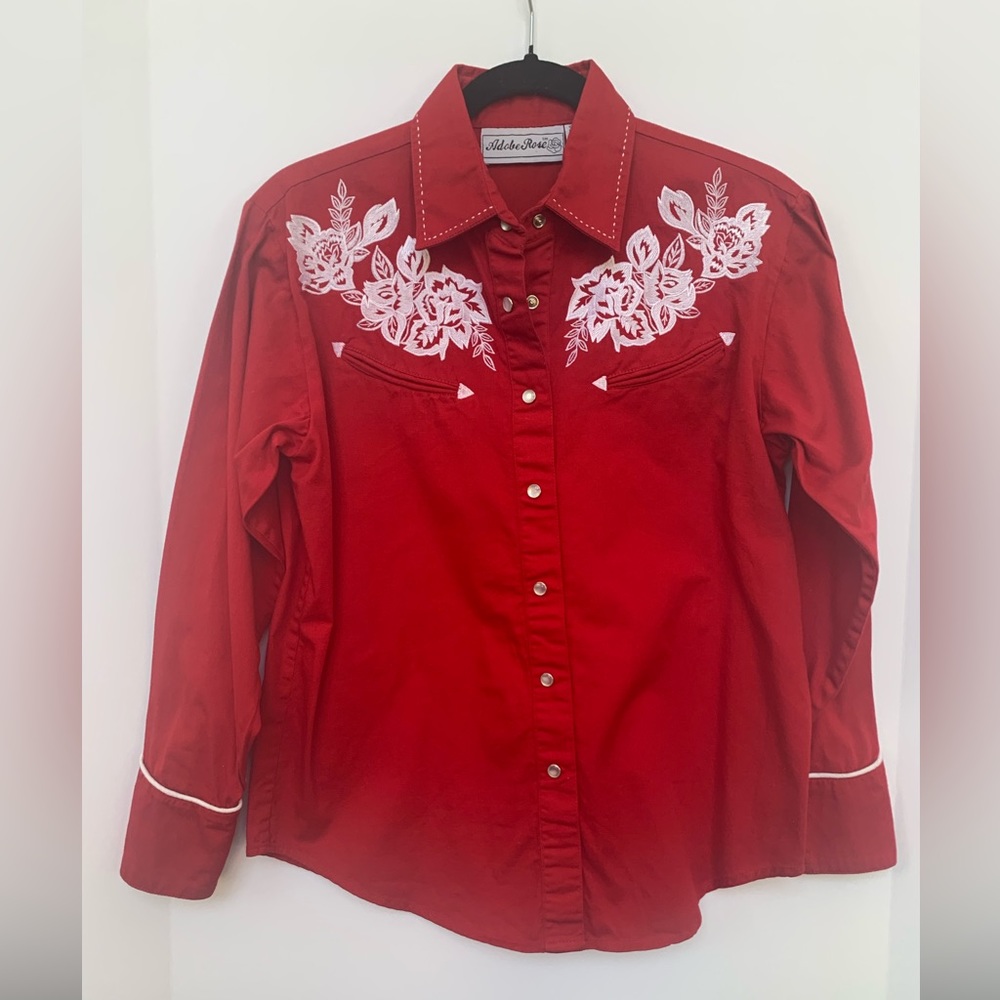 COPY - Adobe Rose Womens Vivid Red Western Pearl Button Down Shirt, White Flora…